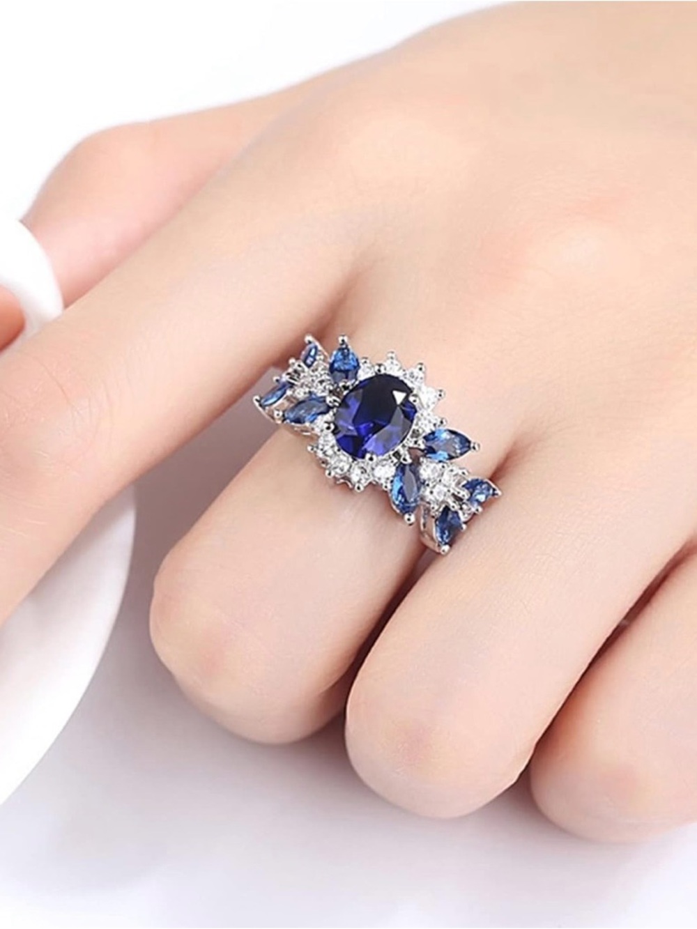 Elegant Blue Sapphire Halo Statement Ring - Women Jewelry